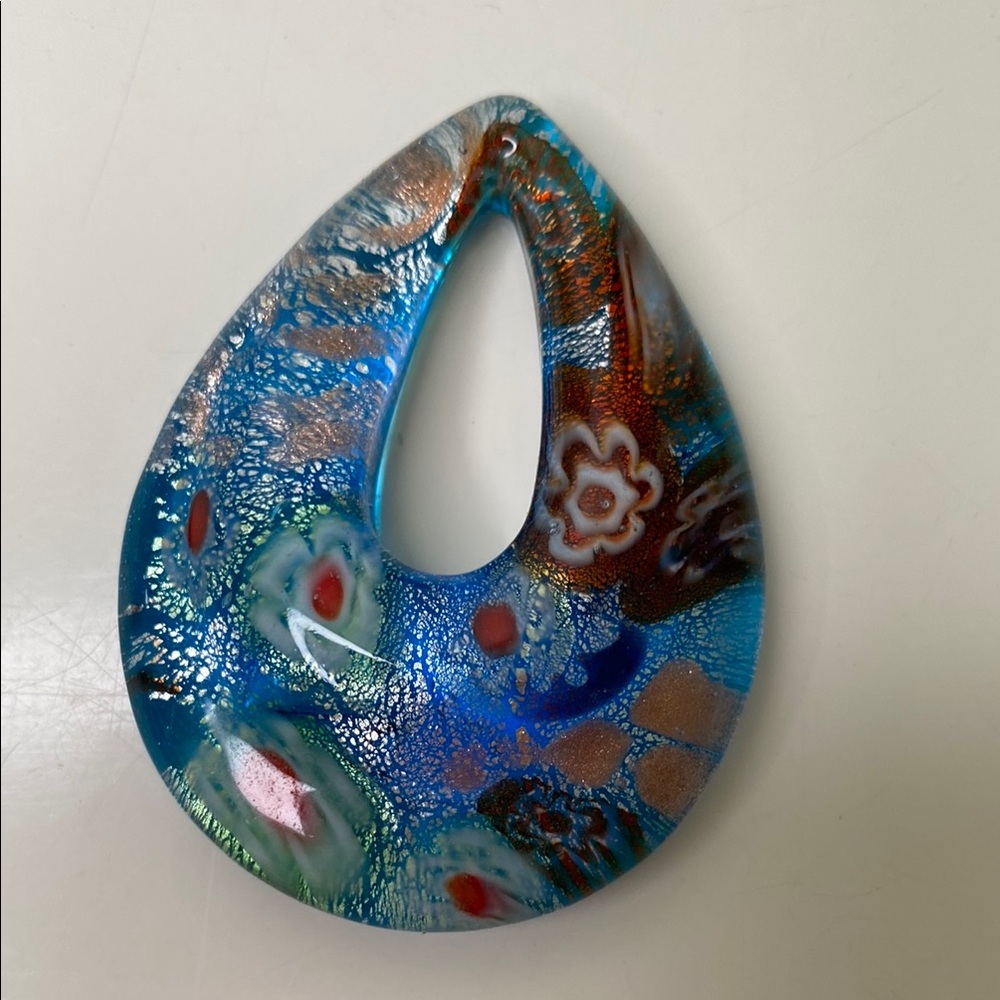 Millefiori Glass Pendant and Earrings Set Blue with Silver Open Teardrop Donut‎ - Picture 5 of 8